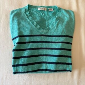 Barneys New York Men’s V-Neck Striped Sweater - Teal & Navy